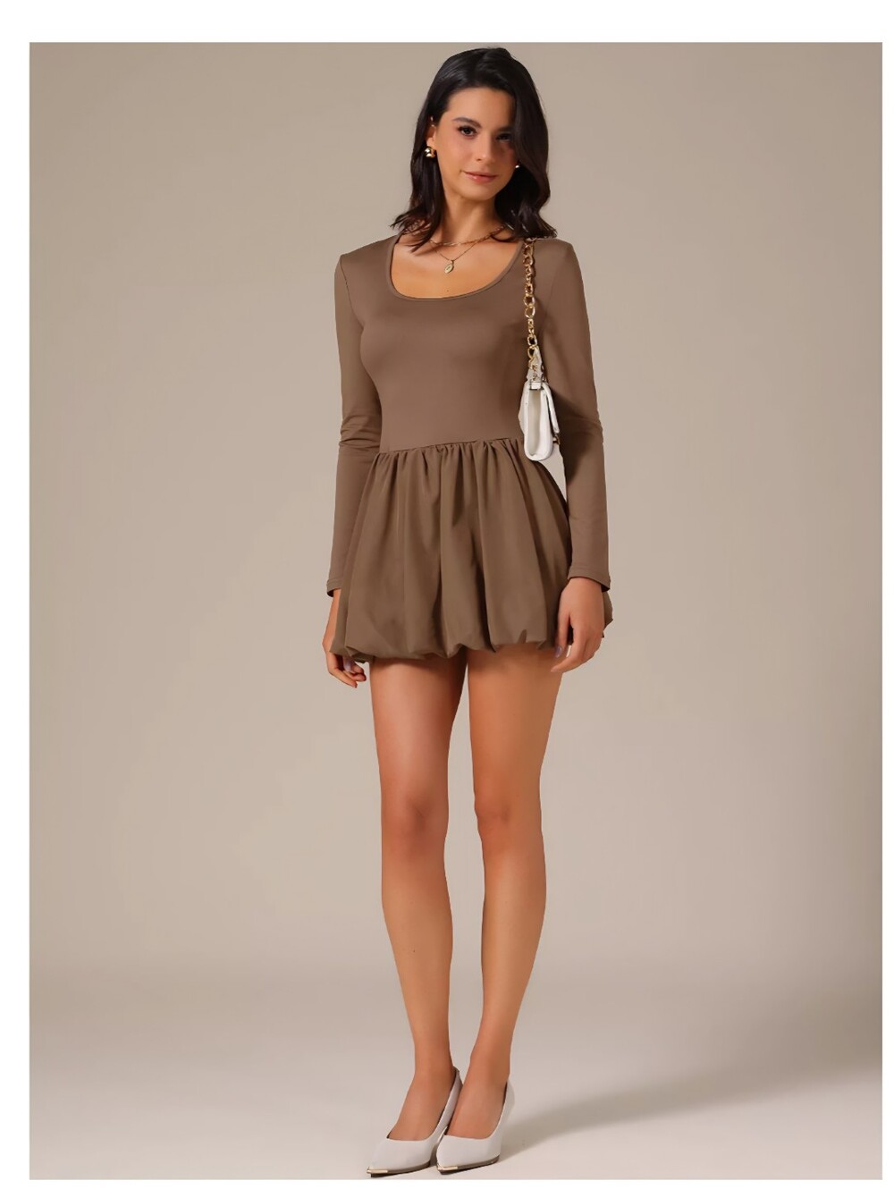 LovelyWholesale Brown Scoop Neck Bubble Mini Dress Size Large